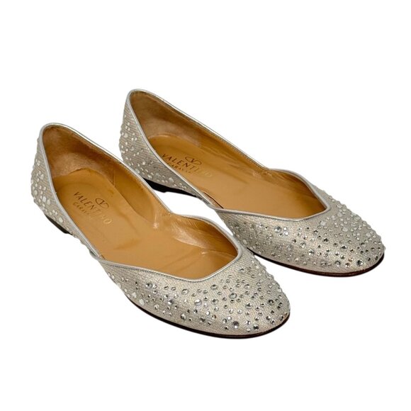 Valentino Ballet Flats Sz 6.5 Silver Beaded Rhinestones Designer Luxury Formal - Picture 1 of 11